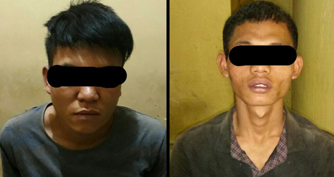 Dua perampok yang kerap beraksi di Jalan Lintas Sarolangun - Muara Tembesi, saat diamankan di Polsek Mandiangin, Kamis (1/2) lalu.
