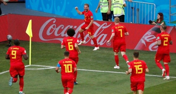 Para pemain Belgia merayakan gol ke gawang Panama pada Piala Dunia 2018. Foto: Reuters