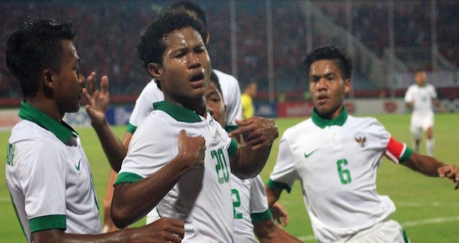 Skuad Timnas U-16 saat nelakukan selebrasi di Stadion Gelroa Delta, Sidoarjo, Kamis (2/8) malam. Foto : PSSI.org