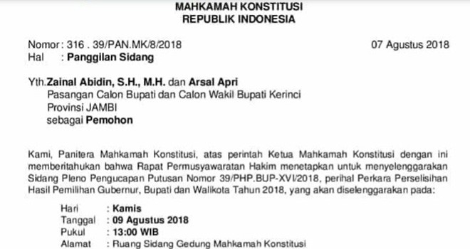 Surat MK nomor 316 . 39/PAN.MK/8/2018 perihal panggilan sidang.