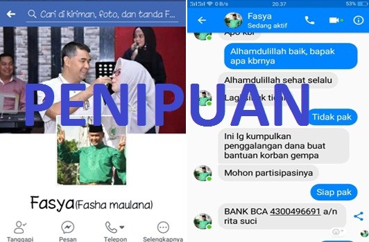 Inilah akun FB yang mencatut nama Wako Fasha untuk meminta sejumlah sumbangan ke netizen. Modusnya untuk bantuan gempa di Lombok