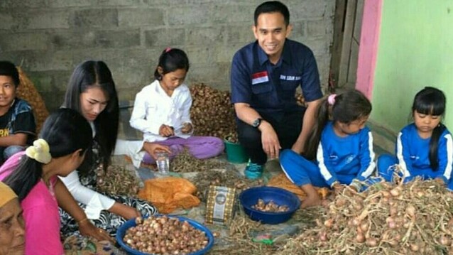 KUNJUNGAN : Staf khusus pimpinan DPR RI, Dipo Nurhadi Ilham membantu petani Kayu Aro menyorir bawang merah hasil penen.