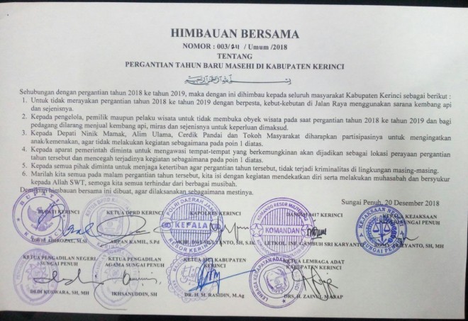 Bupati Kerinci, Adirozal, mengimbau masyarakatnya untuk tidak merayakan malam tahun baru 1 Januari 2019. 