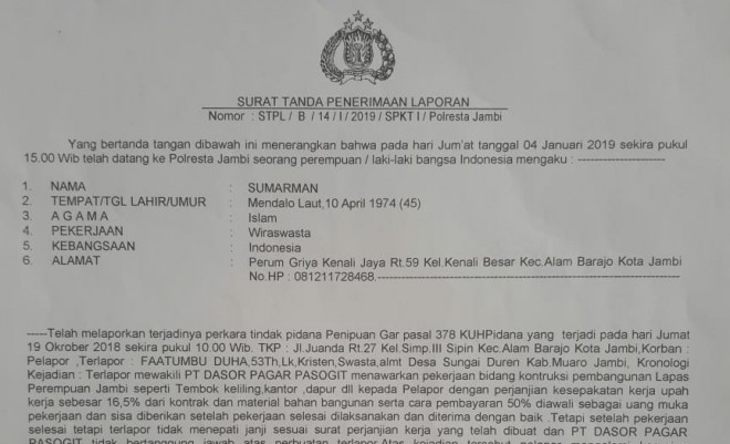 Surat laporan Suparman. Foto : Elan / Jambiupdate