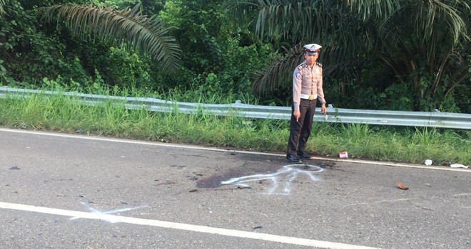 Salah satu anggota Satlantas Polres Batanghari menunjukkan lokasi tabrakan maut di RT 05 Desa Pulau Betung, Kecamatan Pemayung, Kabupaten Batanghari, Jumat (25/1). Foto : Reza / Jambiupdate