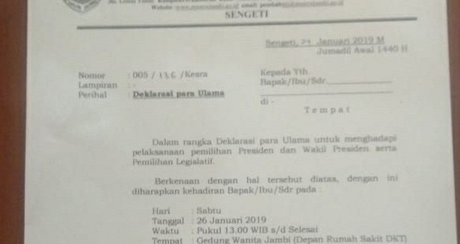 Surat undangan deklarasi undangan Dai yang sempat viral belakangan. Foto : Ist
