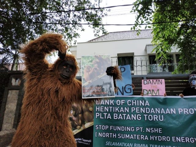 Massa berkostum orang utan berunjuk rasa di depan Konjen Tiongkok (Prayugo Utomo/JawaPos.com)