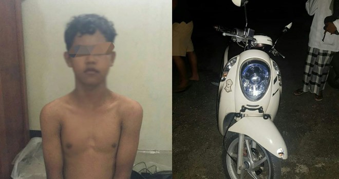 Tersangkan berikut barang bukti berupa satu unit sepeda motor Honda Scoopy yang berhasil diamankan Reskrim Polres Tanjab Barat. Foto : Gatot / Jambiupdate