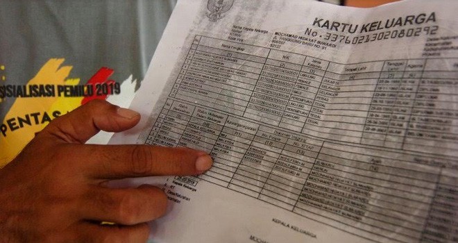 Ketua KPU Kota Tegal, Agus Wijanarko menunjukkan salahsatu nama warga negara asing (WNA) di Kartu Keluarga di KPU Kota Tegal, Jawa Tengah, Rabu (6/3/2019). Menurut KPU Kota Tegal, Khairiati Binti Harun asal Slangor, Malaysia masuk dalam daftar pemilih tetap (DPT) untuk pemilu 2019, padahal yang bersangkutan masih status WNA di Kartu Keluarga miliknya dan akan secepatnya menghapus data itu. Foto : Oky Lukmansyah/ANTARA FOTO