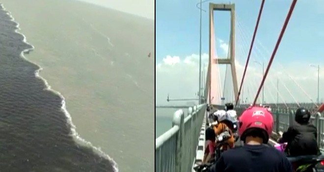 Air laut dua warna di Jembatan Suramadu.