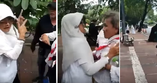Emak emak pendukung Prabowo vs Jokowi berkelahi di Taman Suropati Jakarta.