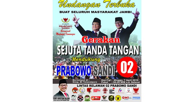  Relawan Prabowo-Sandi Jambi Bakal Gelar Aksi Sejuta Tanda Tangan.