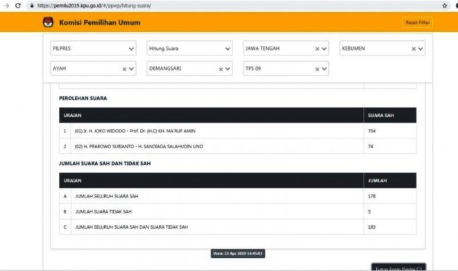Tampilan Laman di website KPU.