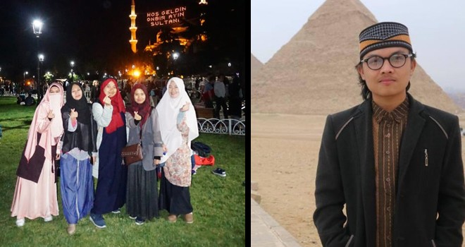 Amira (paling kanan) bersama mahasiswa asal Indonesia di depan Masjid Sultan Ahmet Istanbul. (Kanan) Rahmat Saleh Hutasuhut di Mesir.