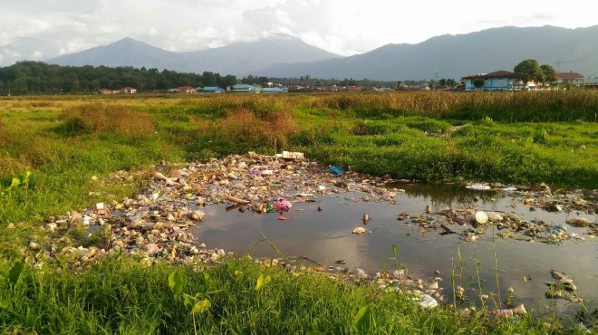 SAMPAH MENUMPUK:  Imbas dari penumpukan sampah, sawah warga menjadi rusak.