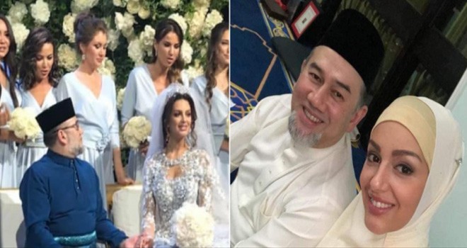 (Kanan) Resepsi pernikahan Sultan Muhammad V, (Kiri) Sultan Muhammad V bersama sang istri, Oksana Voevodina. Foto : NST.com