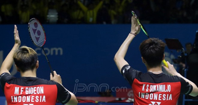 Marcus Fernaldi dan Kevin Sanjaya a.k.a Minions. Foto : Ricardo / JPNN
