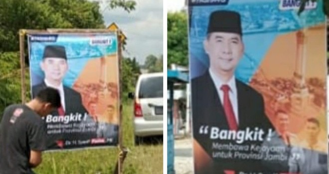 Baleho Sy Fasha dipasang oleh relawan di kawasan Singkut Sarolangun.