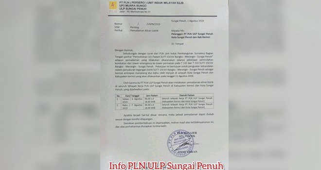 Listrik Kerinci dan Sungai Penuh Akan Kembali Padam Total.