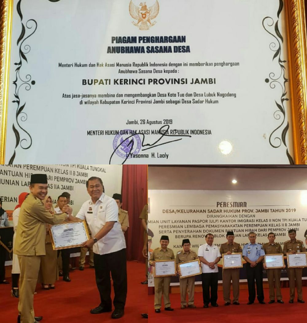 Bupati Adirozal Terima Penghargaan dari Kemenkumham RI.

