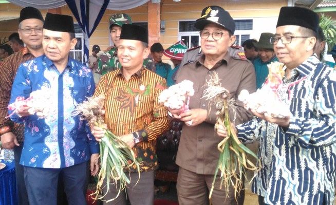 Gubernur Jambi bersama Bupati Kerinci saat memperlihatkan hasil panen bawang di Kerinci. 