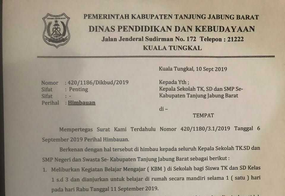 TK-SD Kelas 3 di Tanjabbar diliburkan Selama Satu Hari.