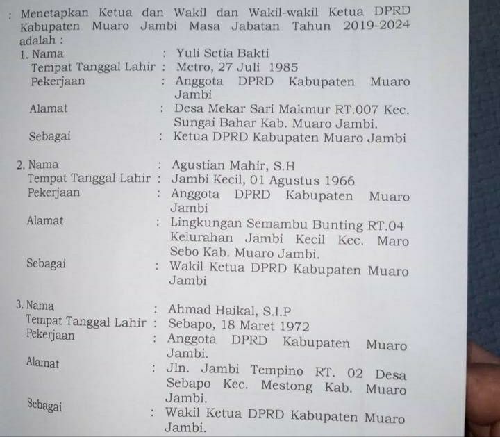 SK Pimpinan Definitif DPRD Muarojambi.

