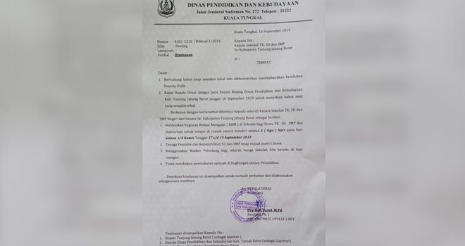  Pemerintah Kabupaten Tanjung Jabung Barat melalui Dinas Pendidikan dan Kebudayaan telah mengeluarkan surat himbauan pada 16 September 2019 nomor 420/1210/Dikbud3/2019 yang bersifat penting tentang himbauan kepada kepala sekolah TK SD dan SMP se Kabupaten Tanjung Jabung Barat tentang kabut asap.