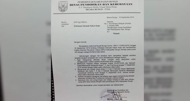 Dinas Pendidikan Kabupaten Bungo meliburkan siswa mulai dari tanggal 17 September hingga waktu yang belum bisa ditentukan.