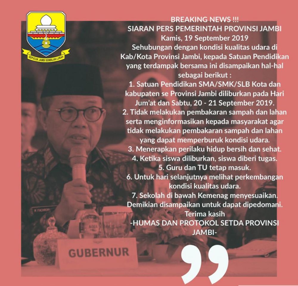 Pemprov melalui Dinas Pendidikan mengambil keputusan meliburkan siswa SMA/SMK/SLB untuk dua hari mendatang.