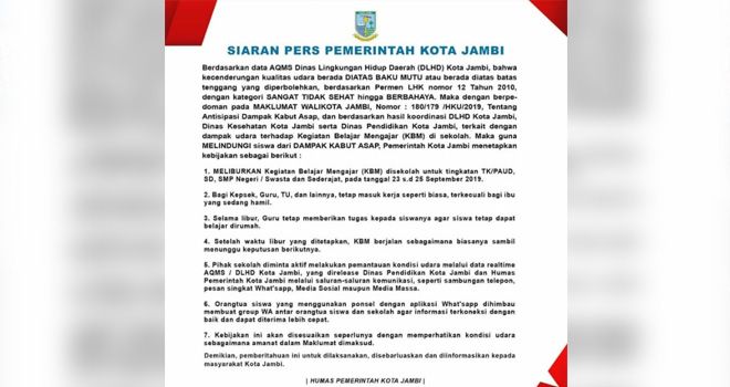 Maklumat Wali Kota Jambi, Nomor : 180/179 /HKU/2019, tentang antisipasi dampak kabut asap.