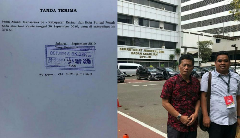 Bukti serah terima dan Kabag Hukum dan Kasubag Perundang undangan saat mengantar petisi mahasiswa ke DPR RI.