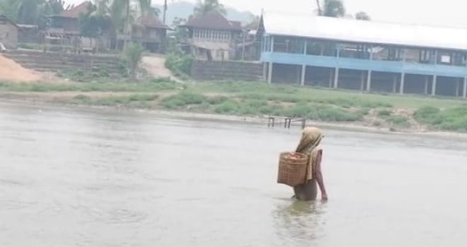Seorang nenek bernama Maria (64) warga Dusun Teluk Pandak setiap hari harus menghadapi derasnya arus sungai batang tebo saat menyebrang.