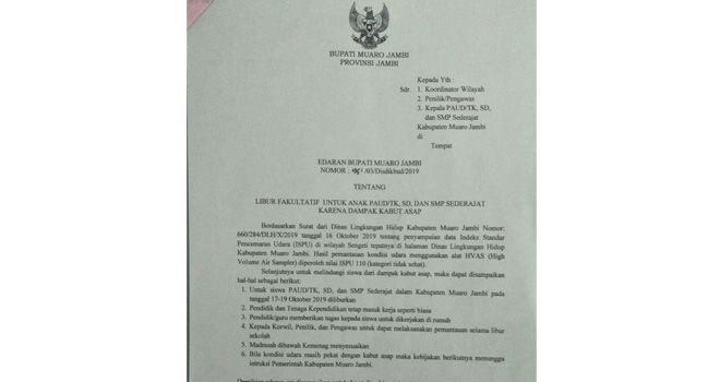 Surat himbauan libur ini dilakukan dari tingkat PAUD/TK, SD dan SMP sederajat.