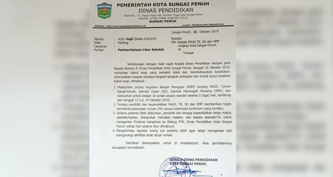 Dinas Pendidikan Sungai Penuh Keluarkan Edaran Liburkan Siswa.