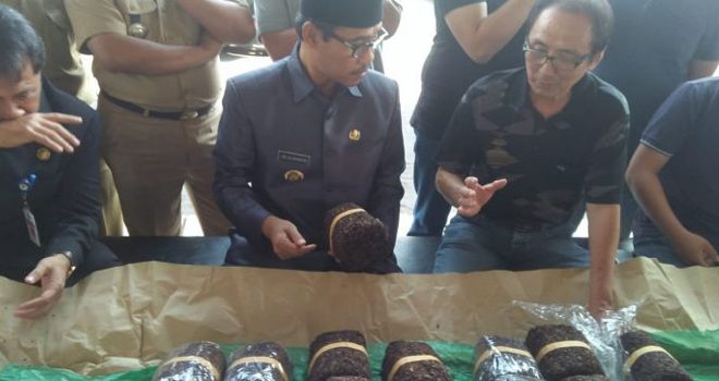 Hugiono bersama Bupati Temanggung Al Khadziq sedang mengecek tembakau di gudang Djarum, kemarin.