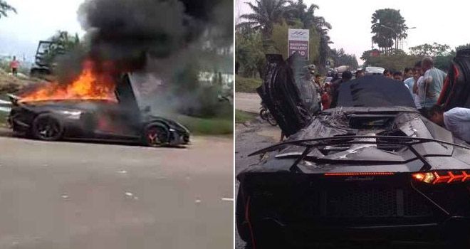 Mobil Lamborghini Raffi Ahmad yang terbakar.