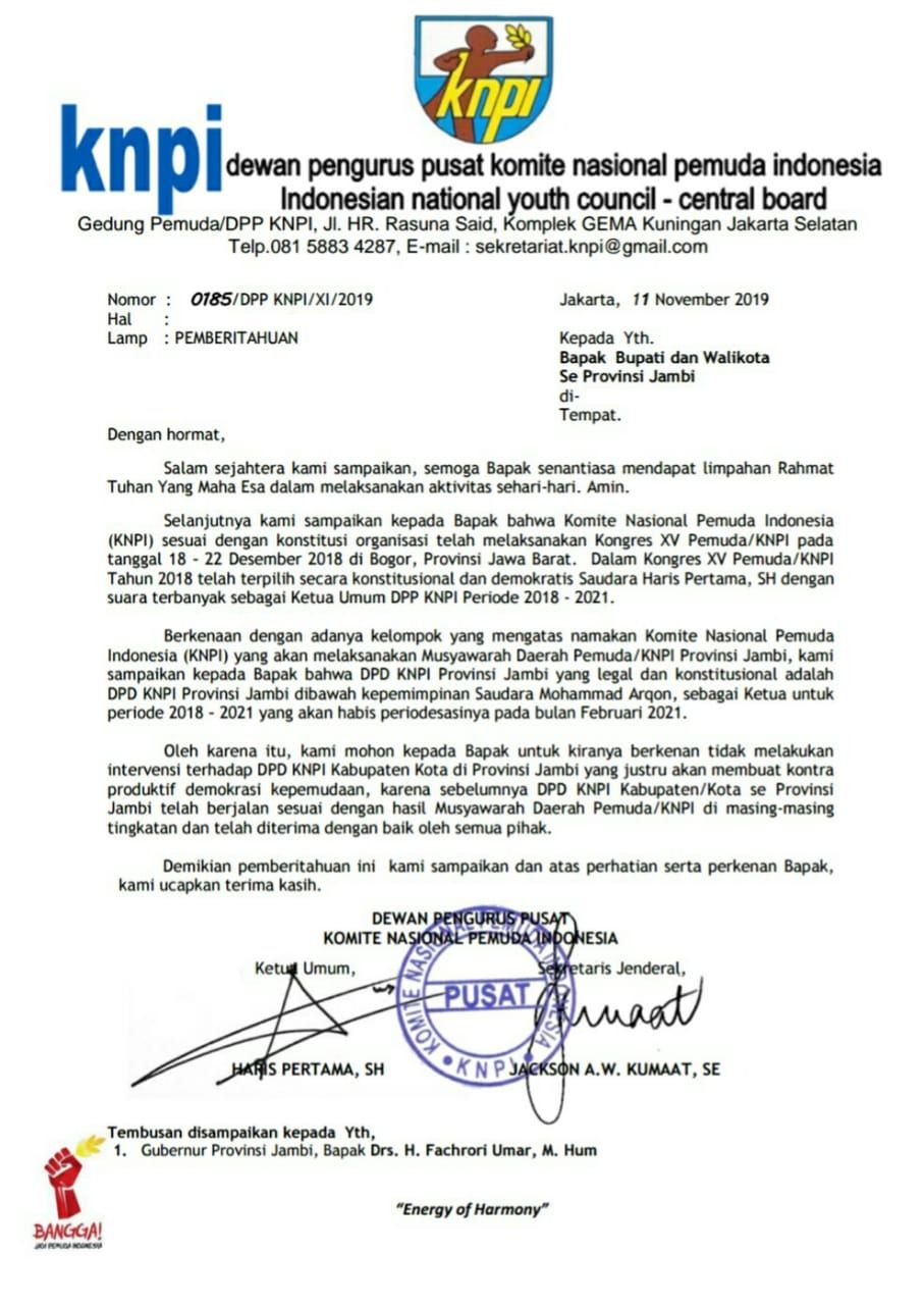 Ketua DPD KNPI Jambi Tegaskan Fikar Azami Masih Ketua KNPI Sungai Penuh.

