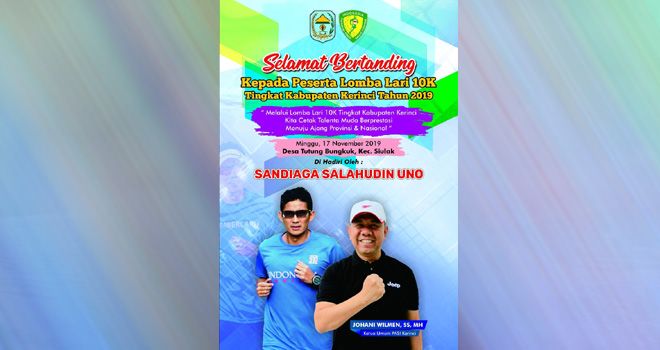 Sandi Uno Hadir di Kerinci Pada Lomba Lari 10 K Persatuan Atletik Seluruh Indonesia (PASI) Kabupaten Kerinci.