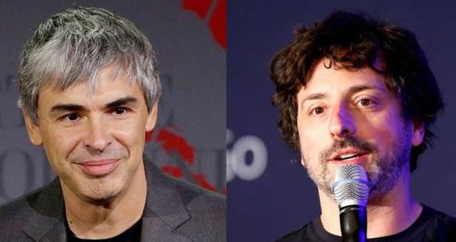 Pendiri Google, Larry Page (kiri) dan Sergey Brin. 

