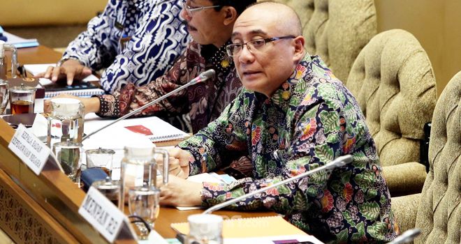 Kepala BKN Bima Haria Wibisana saat Raker dengan Komisi II DPR di Senayan, Senin (20/1). 