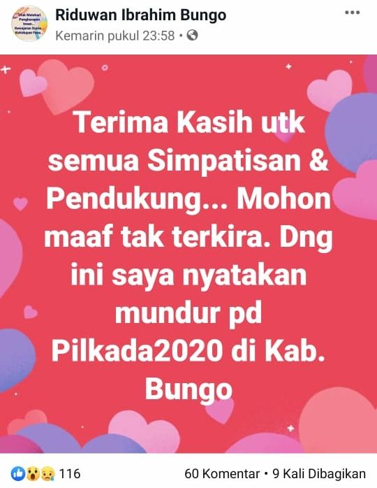Status di Medsos, Riduwan Ibrahim Nyatakan Mundur di Pilbup Bungo.
