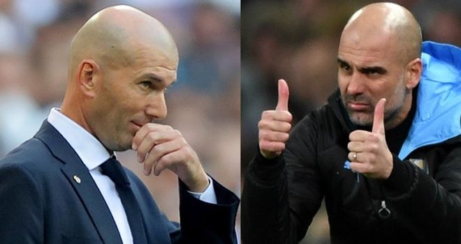 Pelatih Real Madrid, Zinedine Zidane dan manjaer Manchester City, Pep Guardiola.