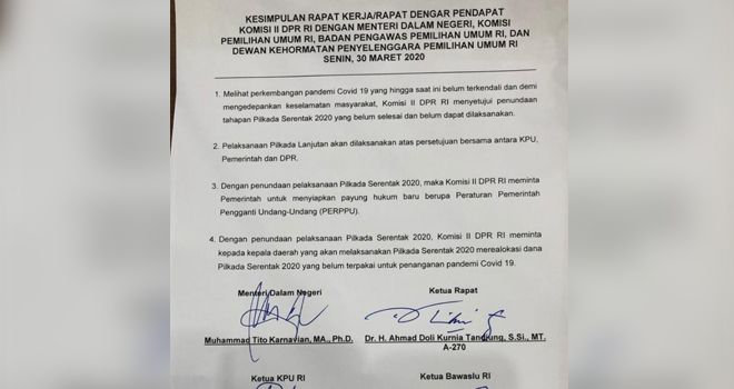 Pilkada Serentak 2020 Ditunda 