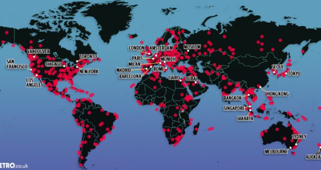 Peta persebaran COVID-19 di dunia. 
