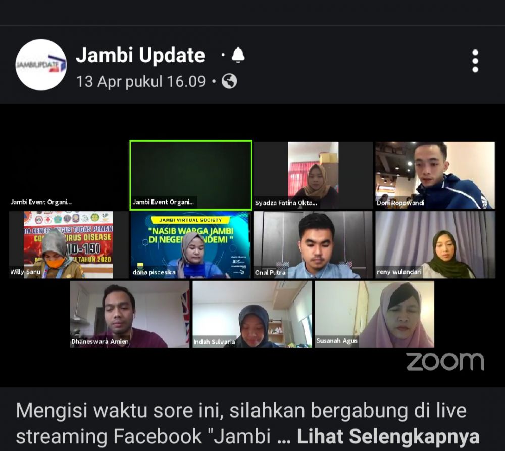 Diskusi virtual bersama para diaspora Jambi yang dipandu Manager Event dan Bisnis Jambi Ekspres Dona Piscessika beberapa waktu lalu.