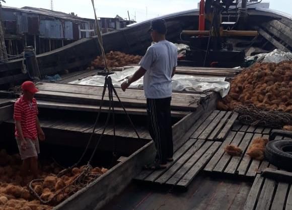 Petani saat menurunkan hasil tanaman kelapa di Kecamatan Nipah Panjang.