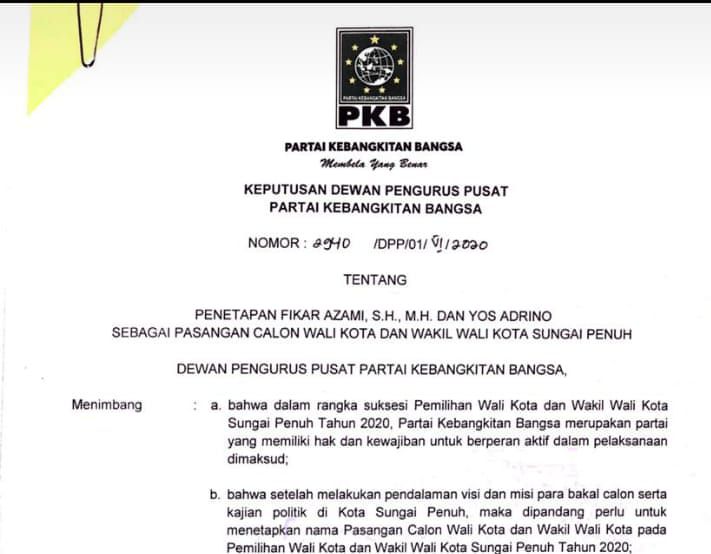 Tangkapan layar surat dukungan PKB untuk pasangan Fikar Azami-Yos Adrino di Pilwako Sungai Penuh.