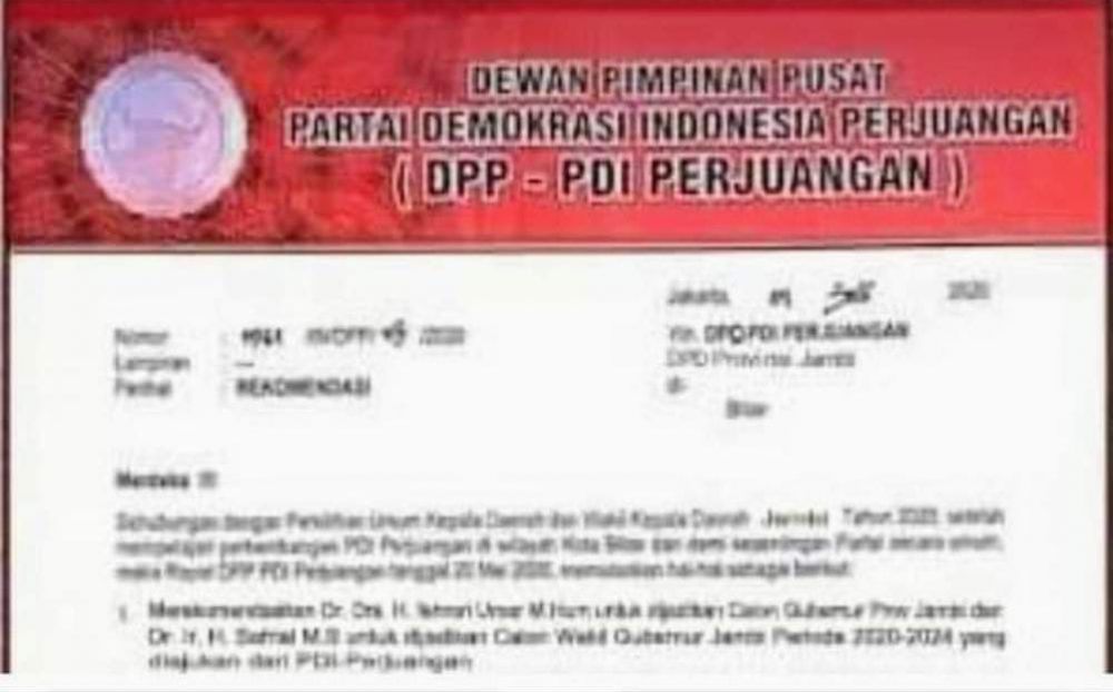 Beredar Foto Surat Rekomendasi PDIP untuk FU-Safrial di Pilgub Jambi.