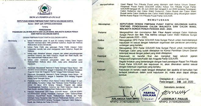 Golkar Resmi Dukung Fikar-Yos di Pilwako Sungai Penuh.